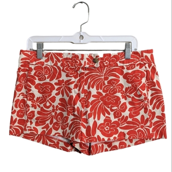 J.Crew coral orange floral print mini shorts mid rise with pockets summer size 6 - Picture 1 of 11